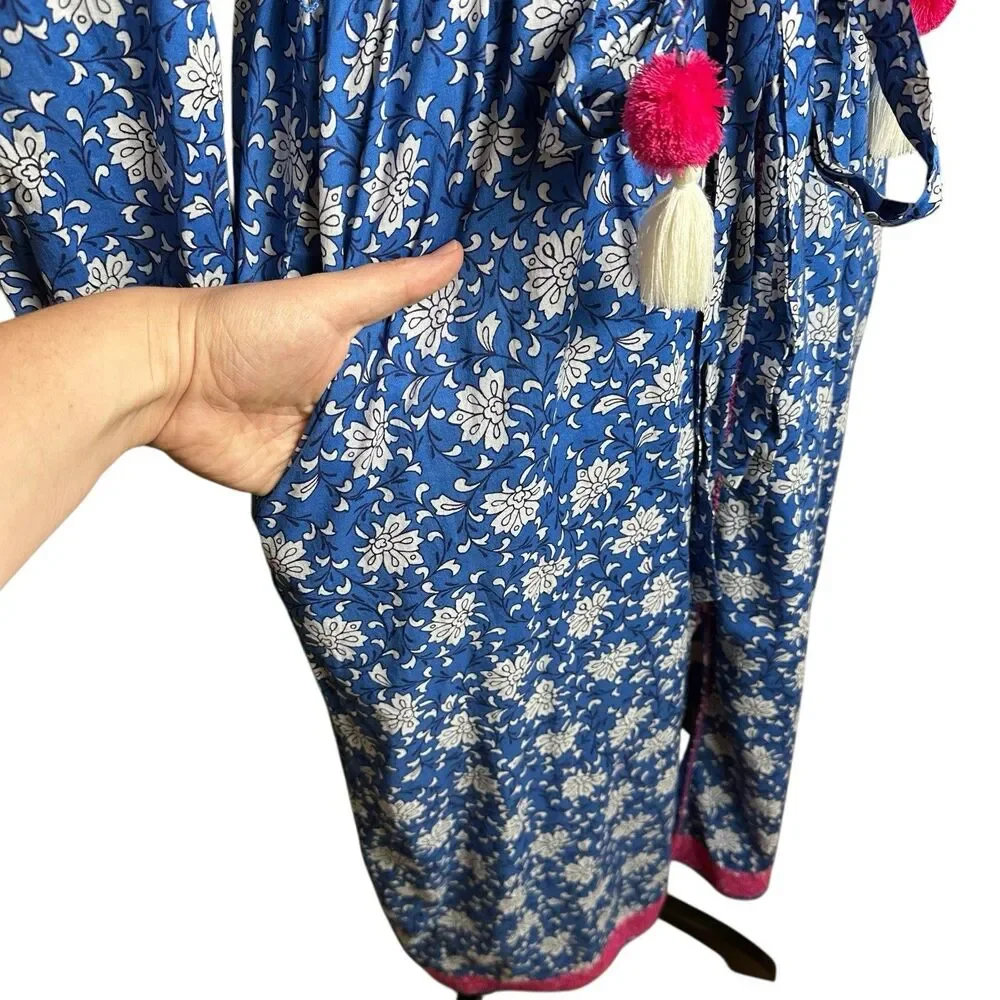 J.Crew Boho Midi Dress Small |‎ Blue Pink Floral Embroidered Tassel Cottagecore